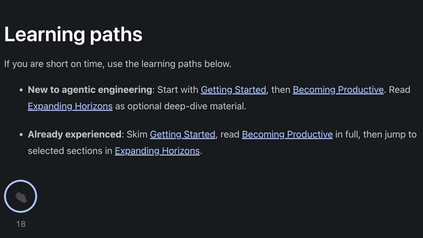 Learning paths page with a per-section applause button showing 18 claps