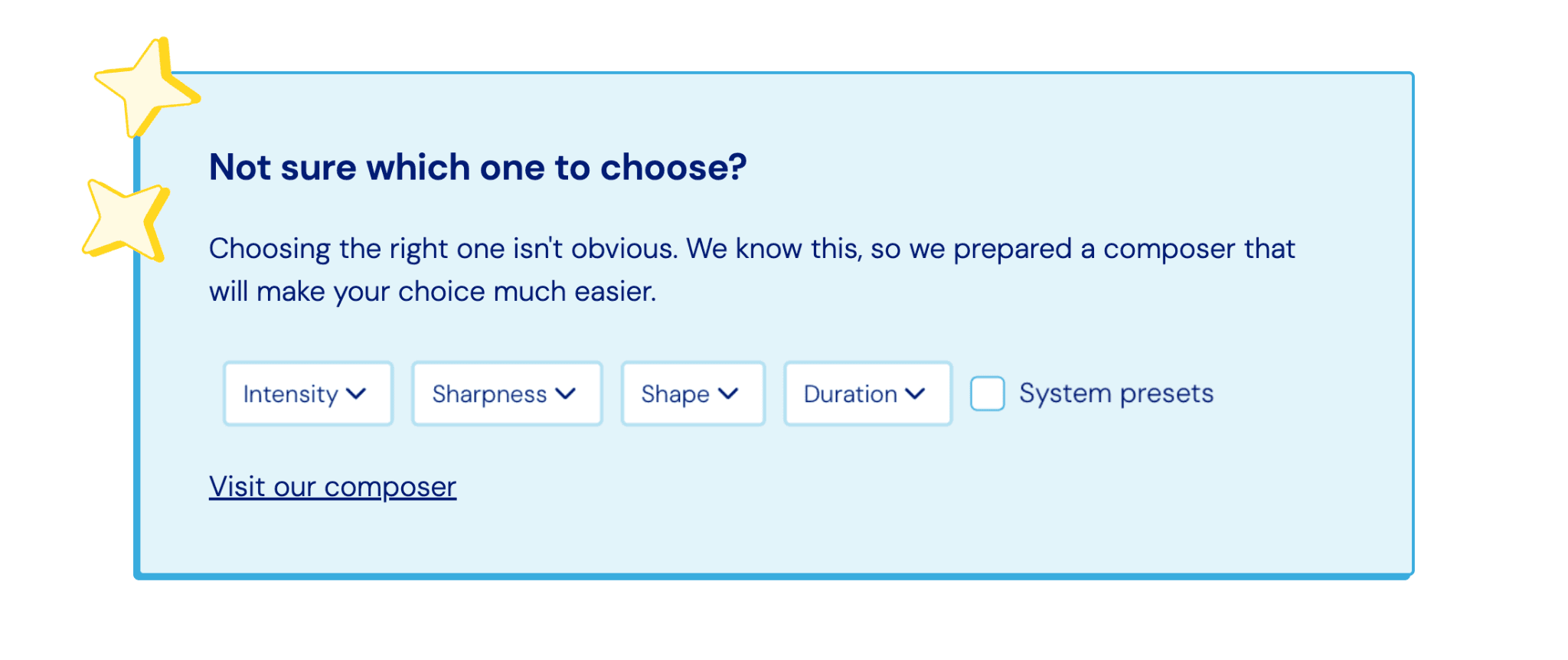 Callout card promoting a haptics composer with filters for intensity, sharpness, shape, and duration